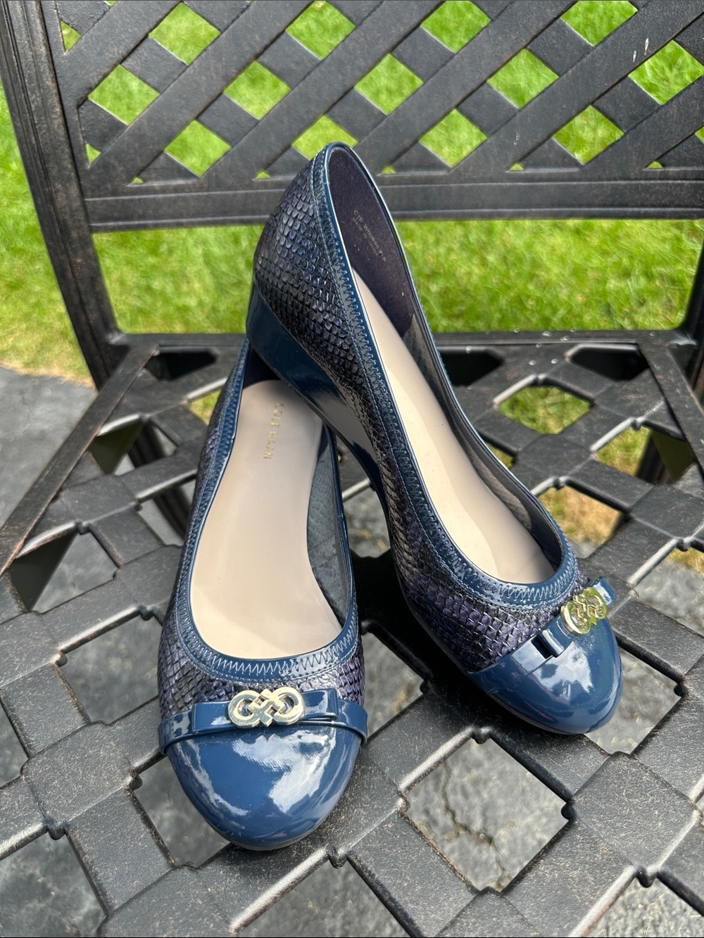 Cole Haan Navy Textured & Patent Ballet Flats with Gold Logo